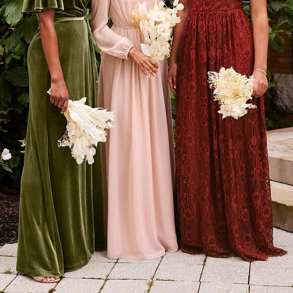 Davids Bridal | Stretch Velvet Flutter Sleeve Dress | Size 10 | Martini Olive - Picture 6 of 7